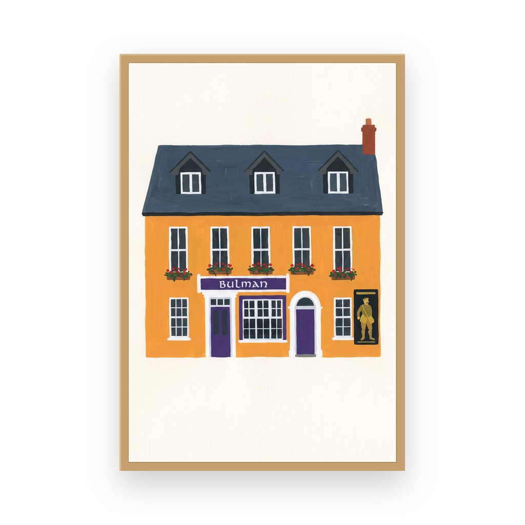 The Bulman Kinsale illustrated pub print in a slim oak frame on a white background