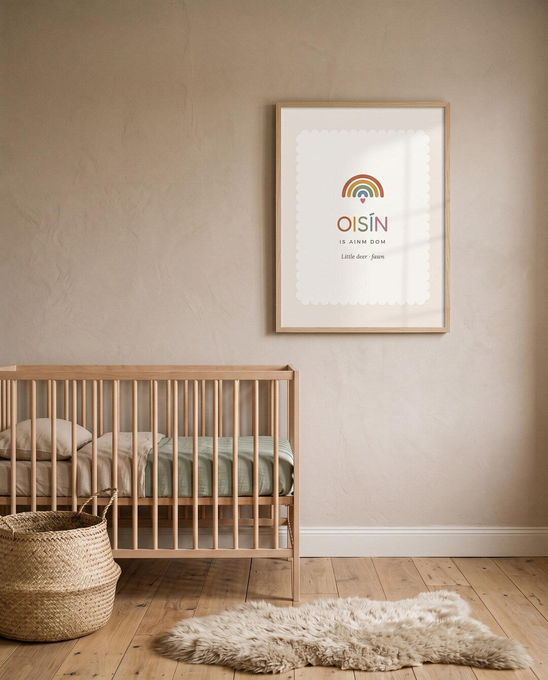 Oisín nursery print framed on a wall
