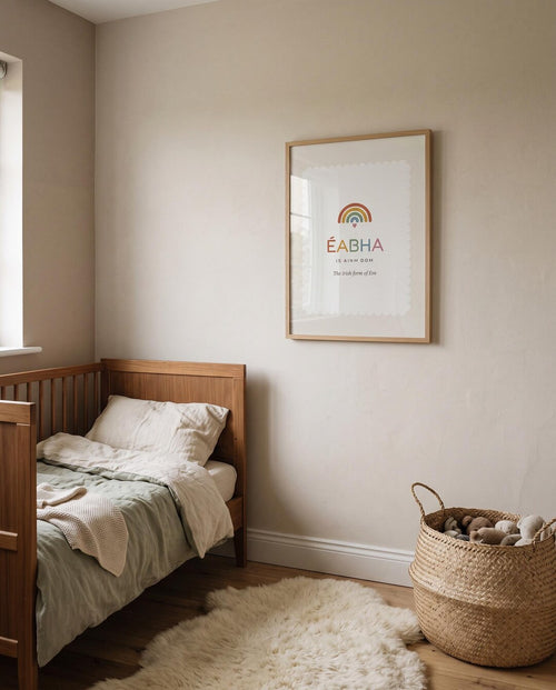 Éabha nursery print framed on a wall
