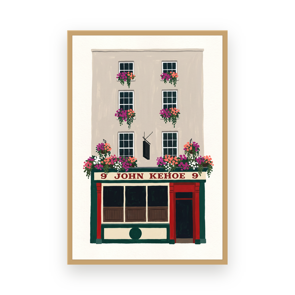 John Kehoe Dublin illustrated pub print in a slim oak frame on a white background