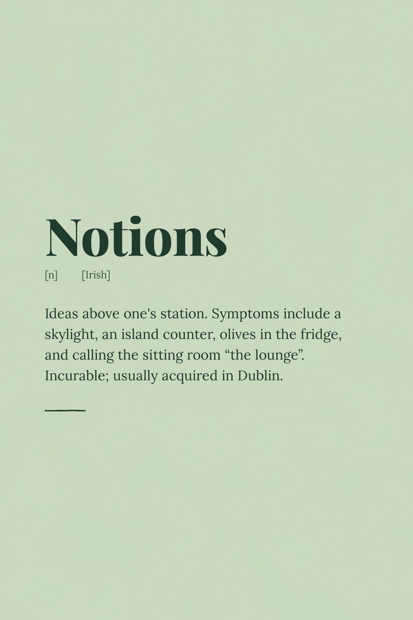 Notions — Irish slang definition print, sage green, minimal serif typography